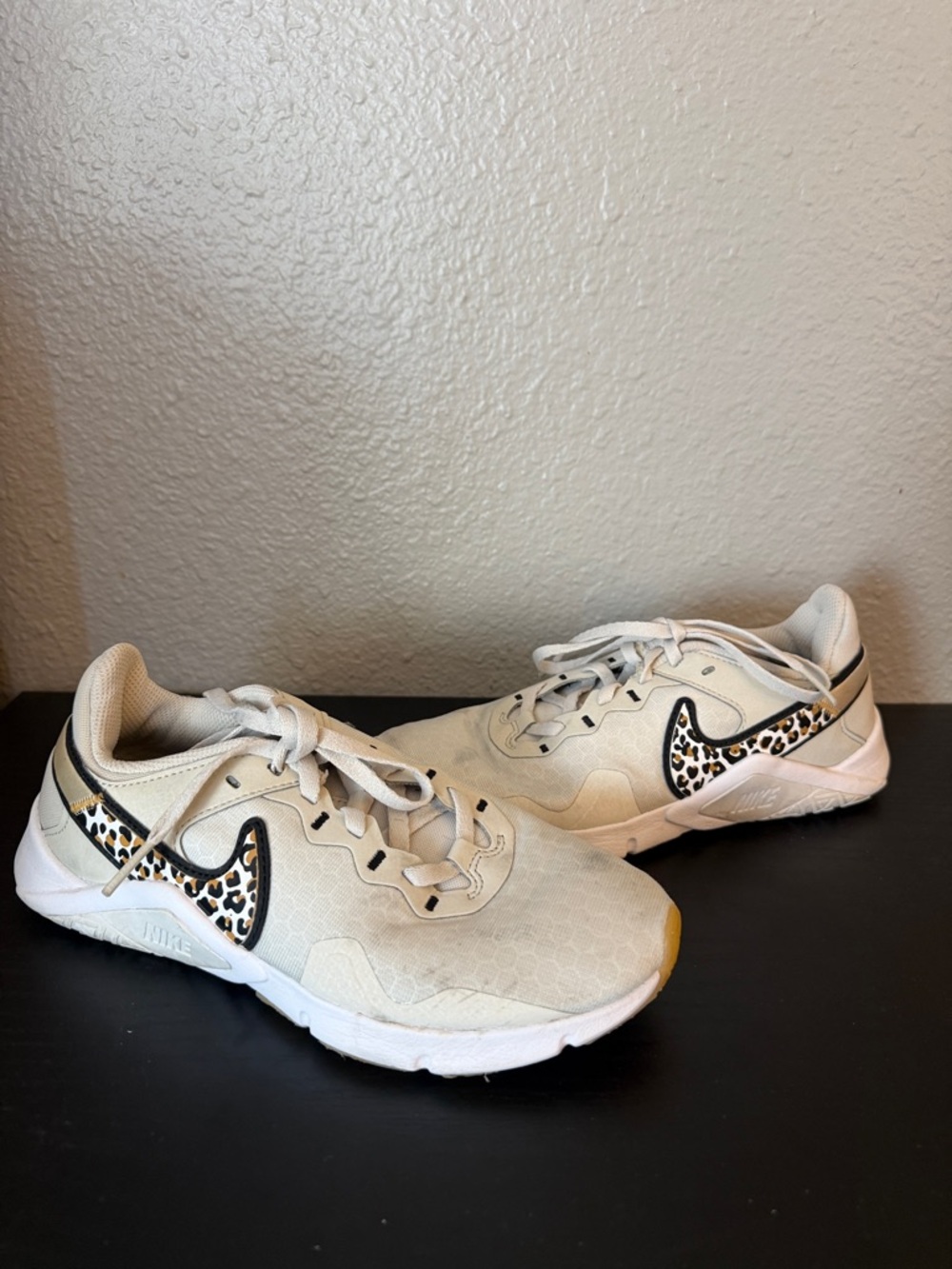 Nike Cream Athletic Sneakers with Leopard Swoosh